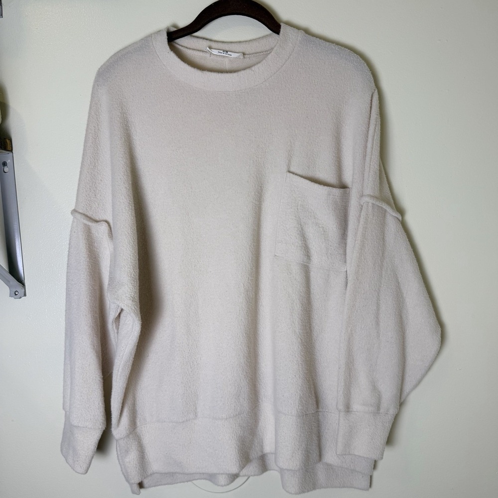 ZENANA Oversized Sweatshirt Sweater DROP SHOULDER Boxy Pocket Cream S/M
